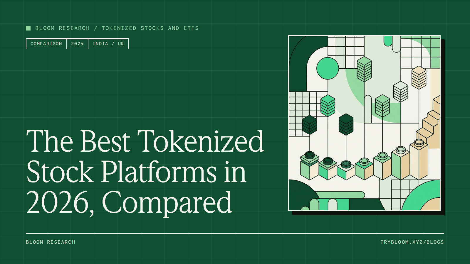 Seven round tokens on seven low platforms of different heights, each linked by a thin line to a neat stack of rectangular blocks