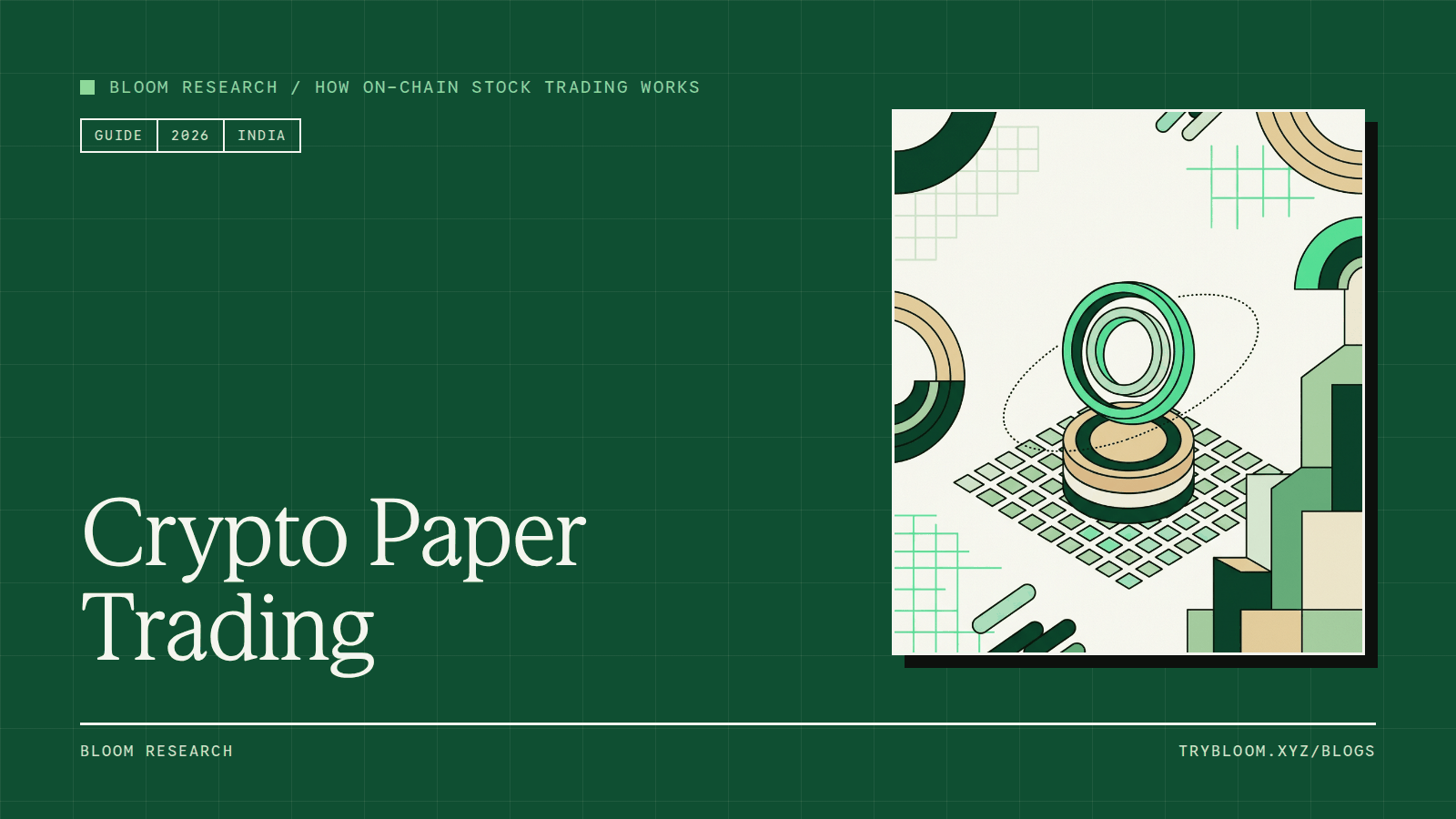 Cover for a crypto paper trading guide showing an outlined coin above a solid coin over a grid of practice squares