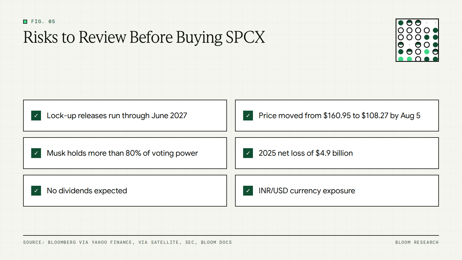 Checklist of SPCX risks including lock-up releases, price swings, voting control and currency exposure
