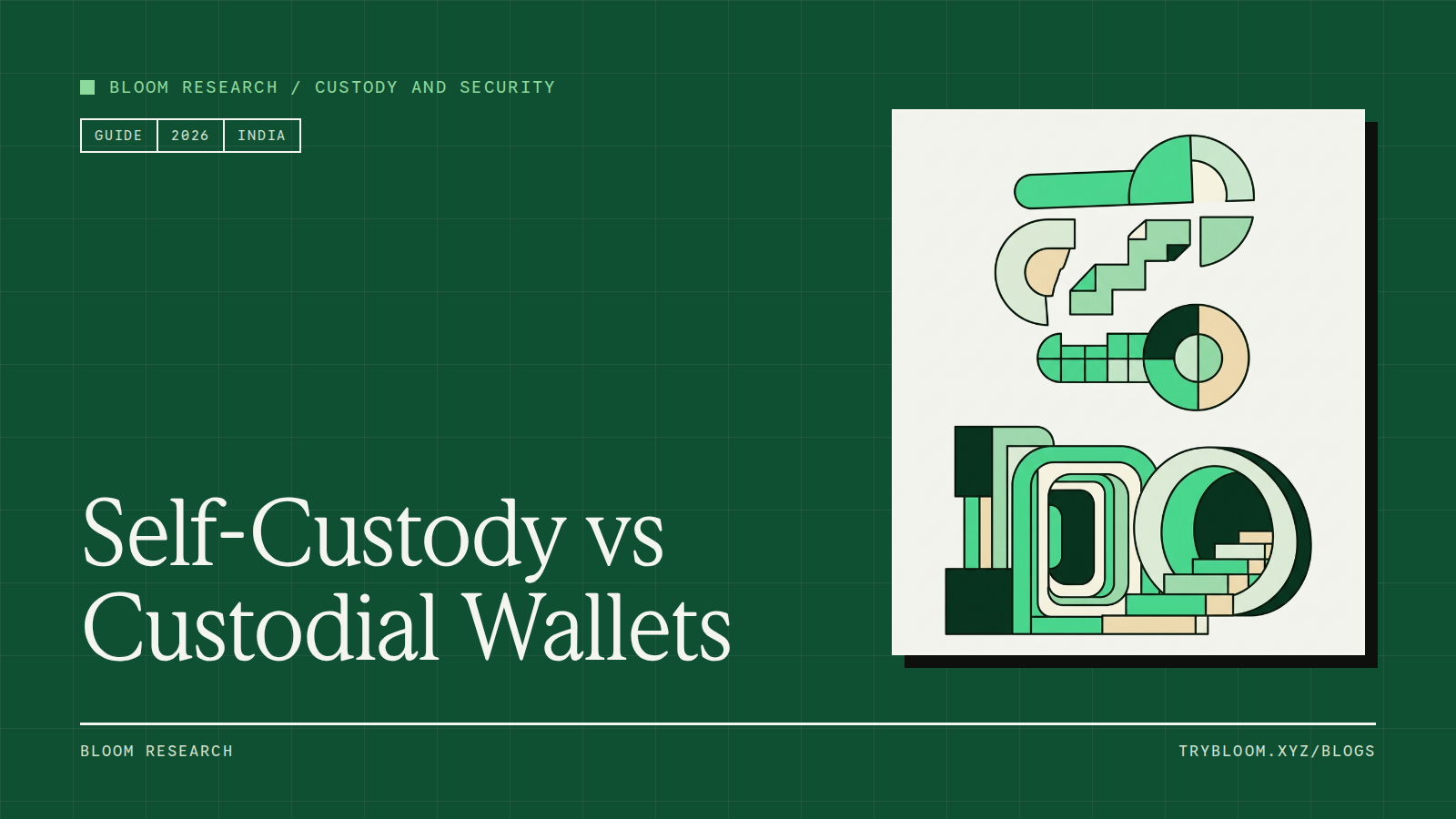 Abstract key split into three fragments above an open vault door for a guide to self-custody and custodial wallets
