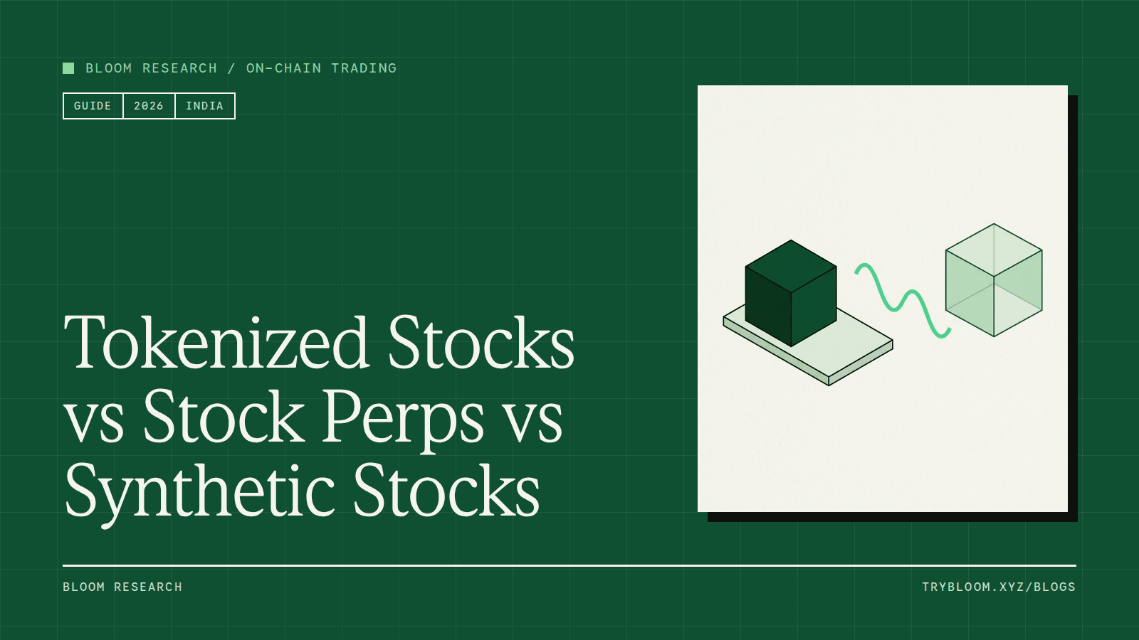 Three abstract forms representing tokenized stocks, stock perps and synthetic stocks side by side