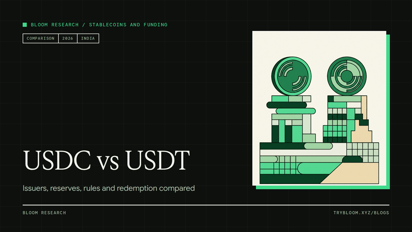 Two round stablecoin tokens side by side, each resting on its own stack of reserve blocks