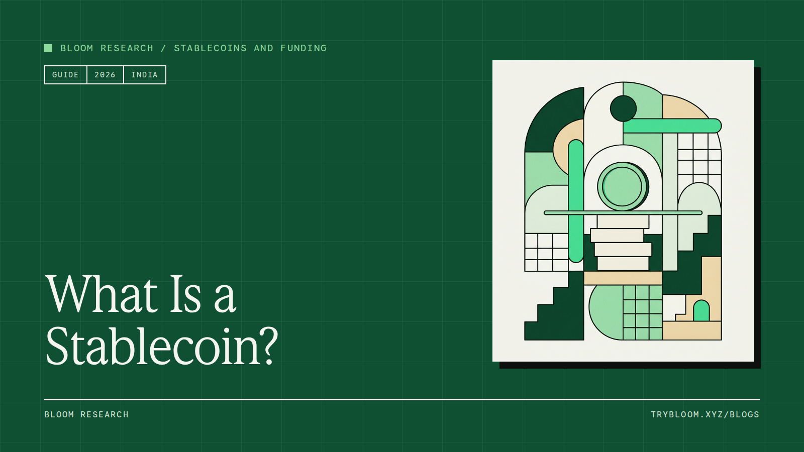A coin balanced on a level beam above stacked reserve blocks, illustrating a stablecoin peg